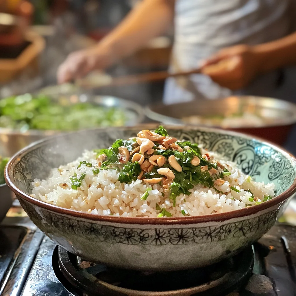 bol de riz au jasmin avec des cacahuètes