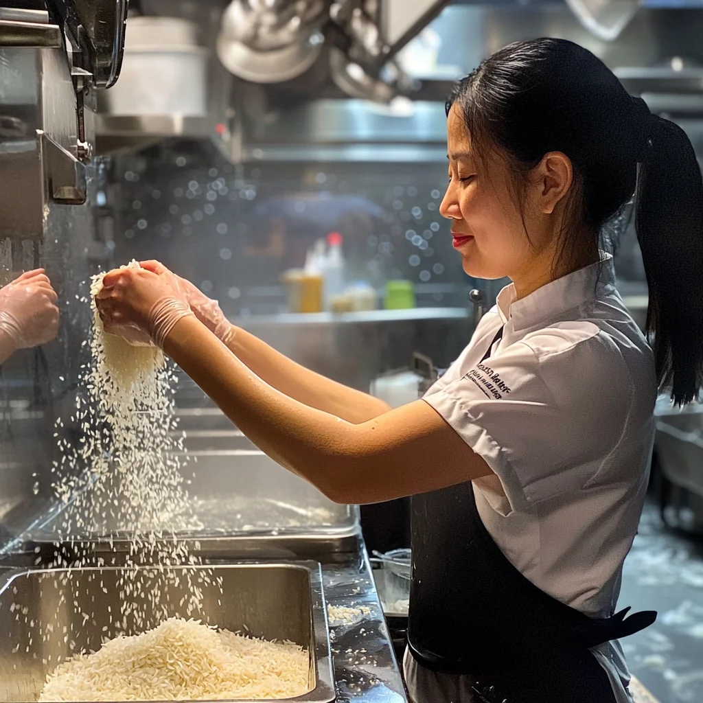 un cheffe qui rince son riz en cuisine