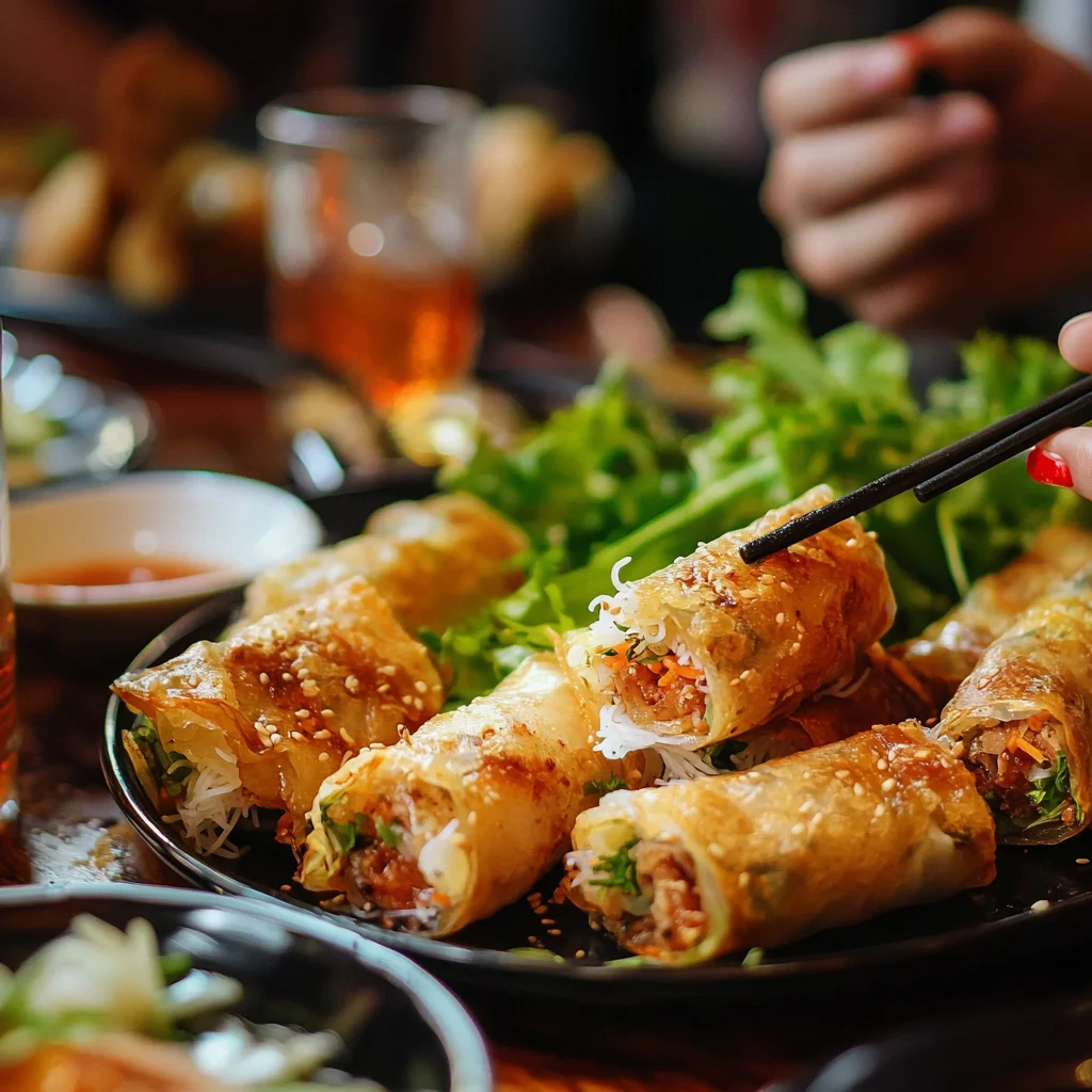 photos d'un plat de nems a table