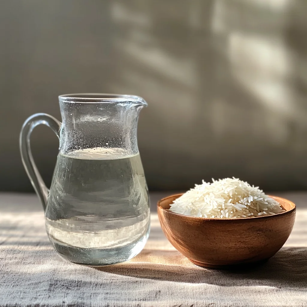 photo d'un pichet d'eau et d'un bol de riz