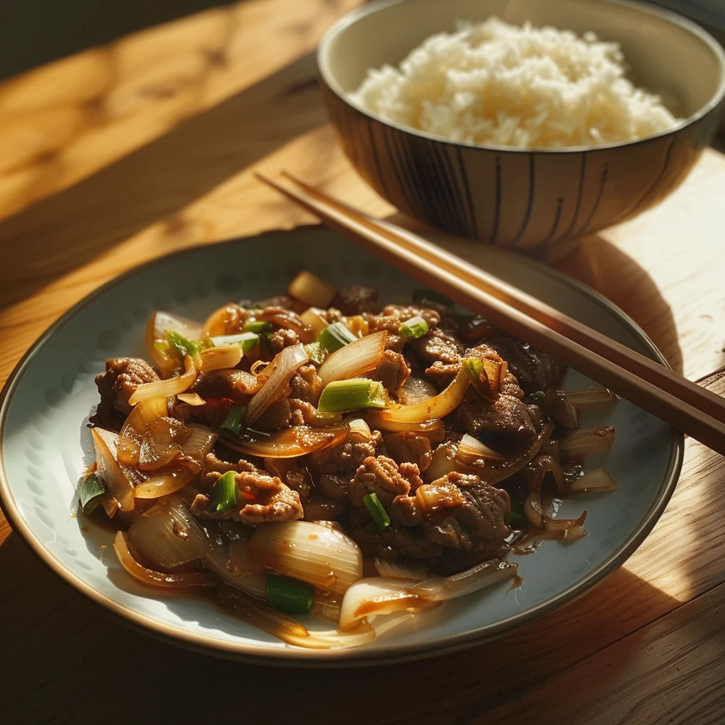 boeuf aux oignons dans l'assiette