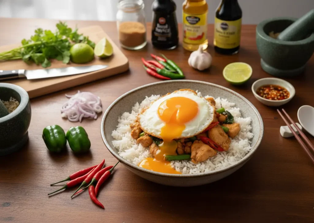 poulet basilic thaï variante oeuf frit coulant