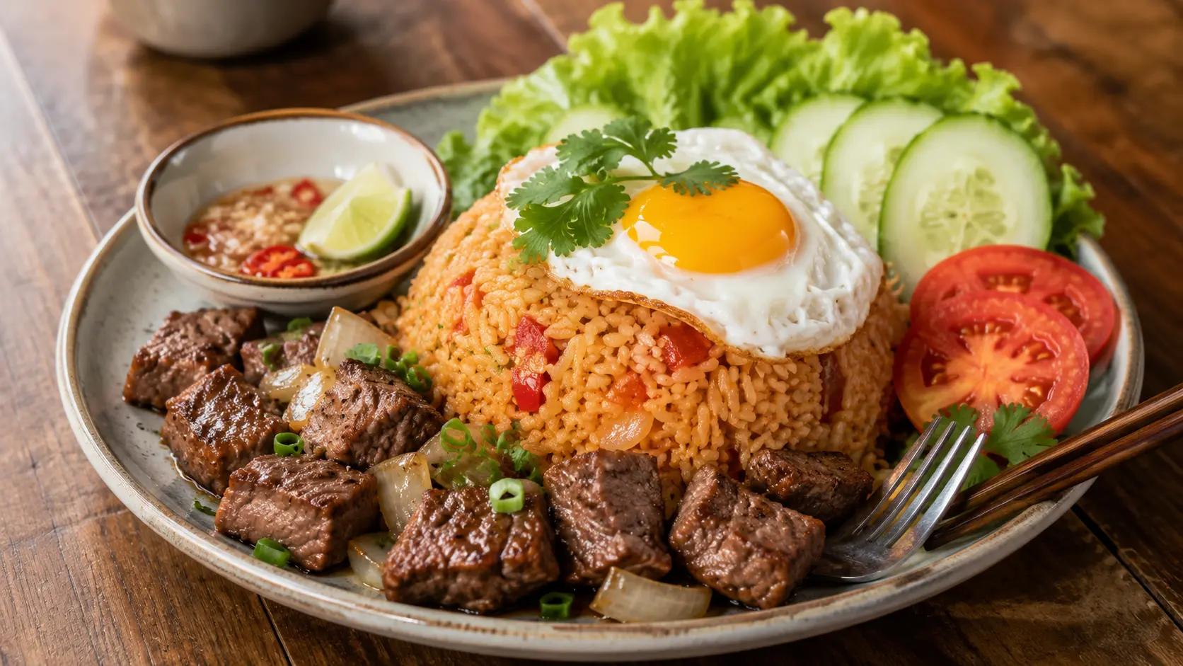 Riz loc lac, riz sauté à la tomate et boeuf mariné
